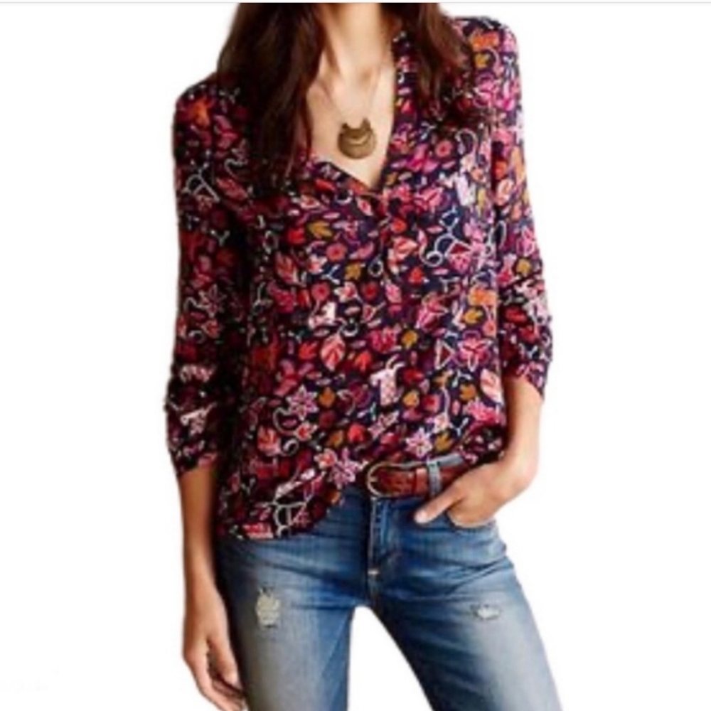 Anthropologie Maeve Moonflower Forest Creatures Top Sz 12 pink orange